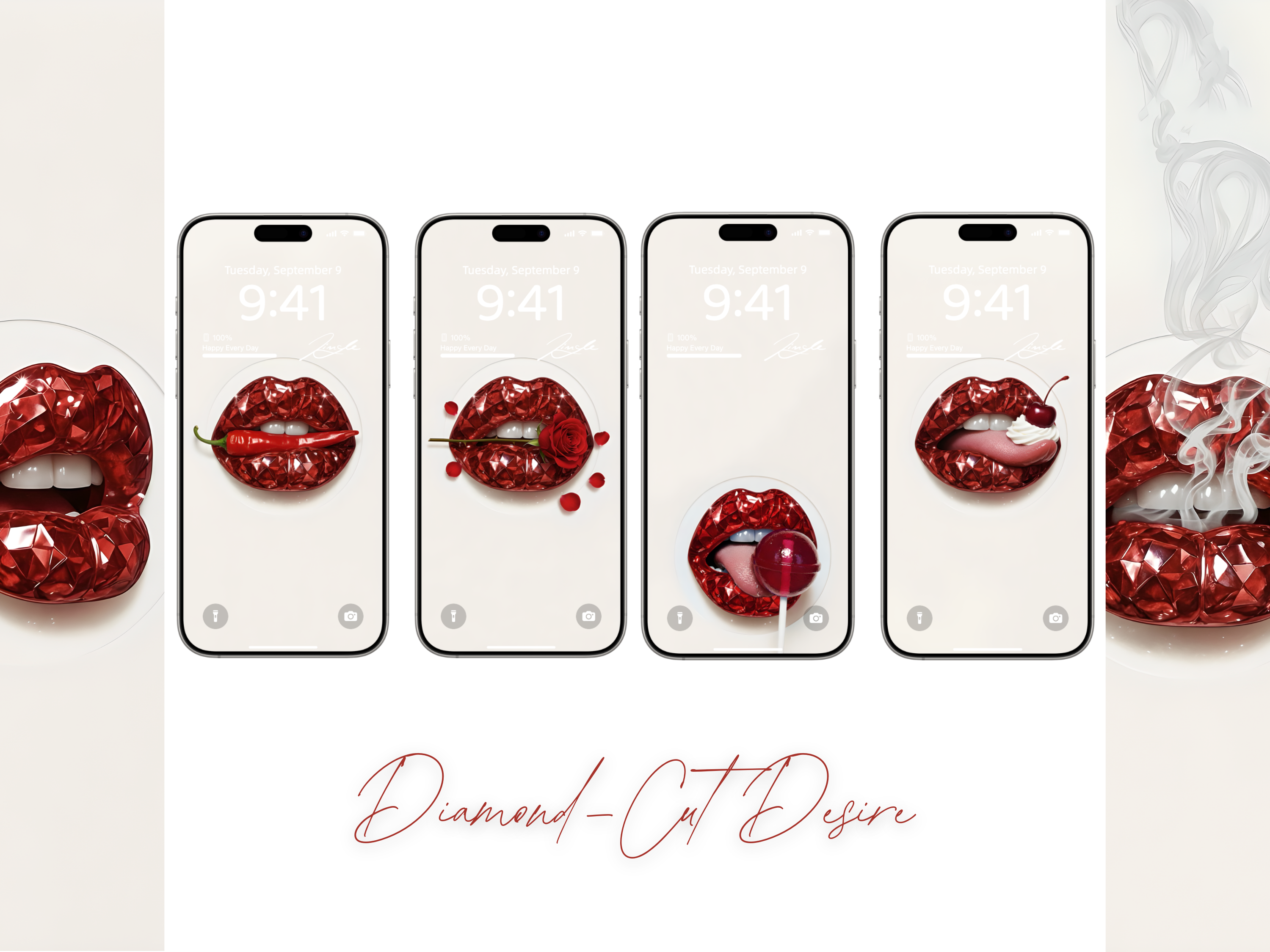 Diamond-cut Desire · iPhone Screen Styling Set (17 designs) Editorial lips, cut like gemstones