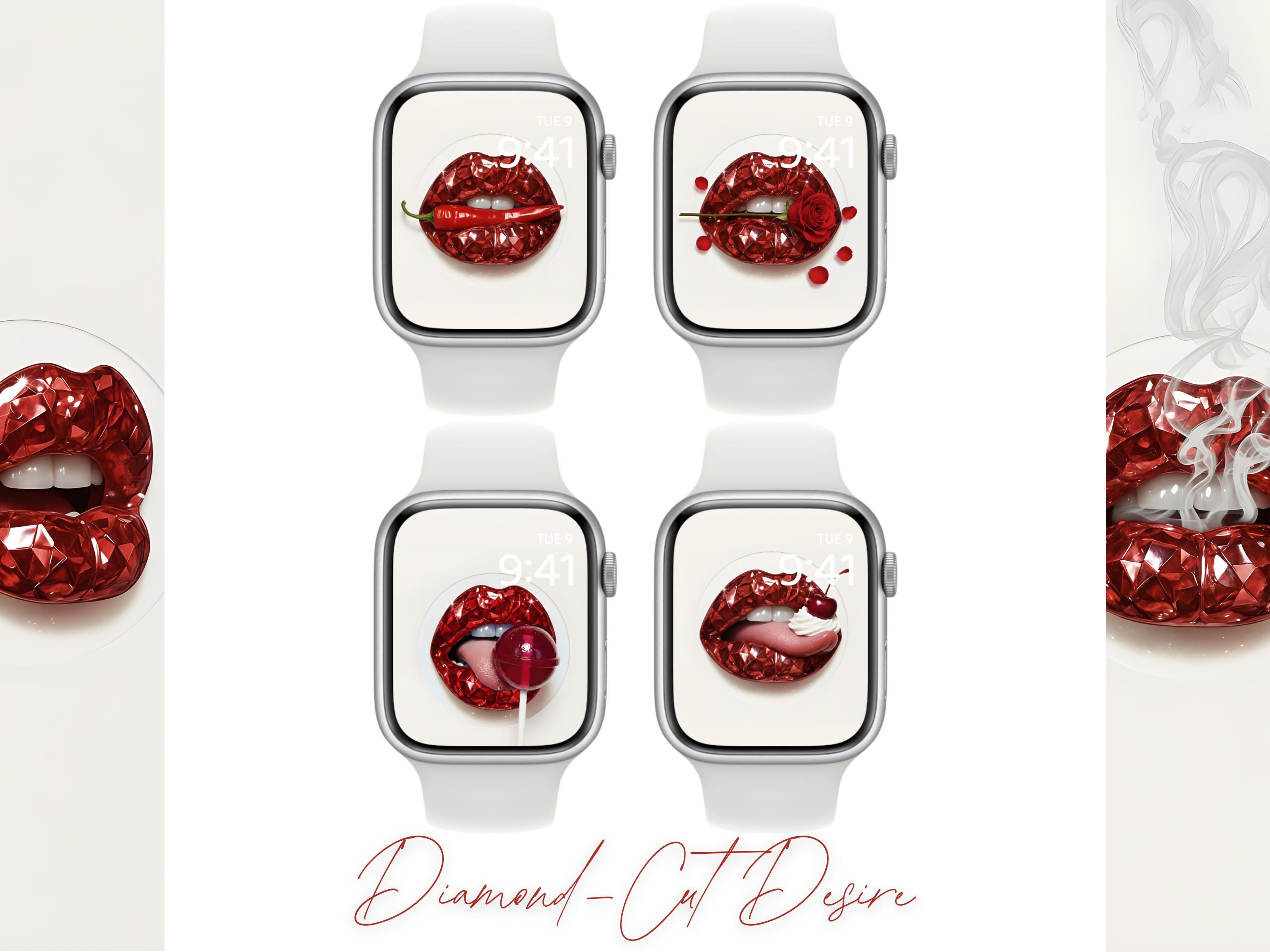 Diamond-cut Desire · Apple Watch Screen Styling Set (17 designs) Editorial lips, cut like gemstones.