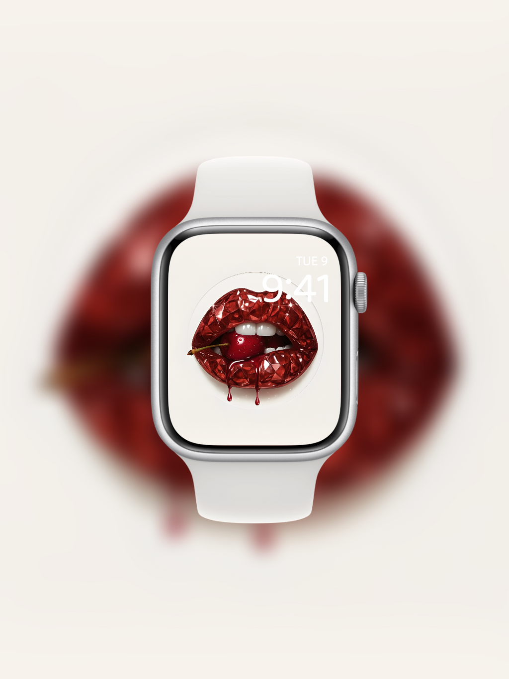 Apple Watch wallpaper with diamond-cut red gemstone lips and cherry