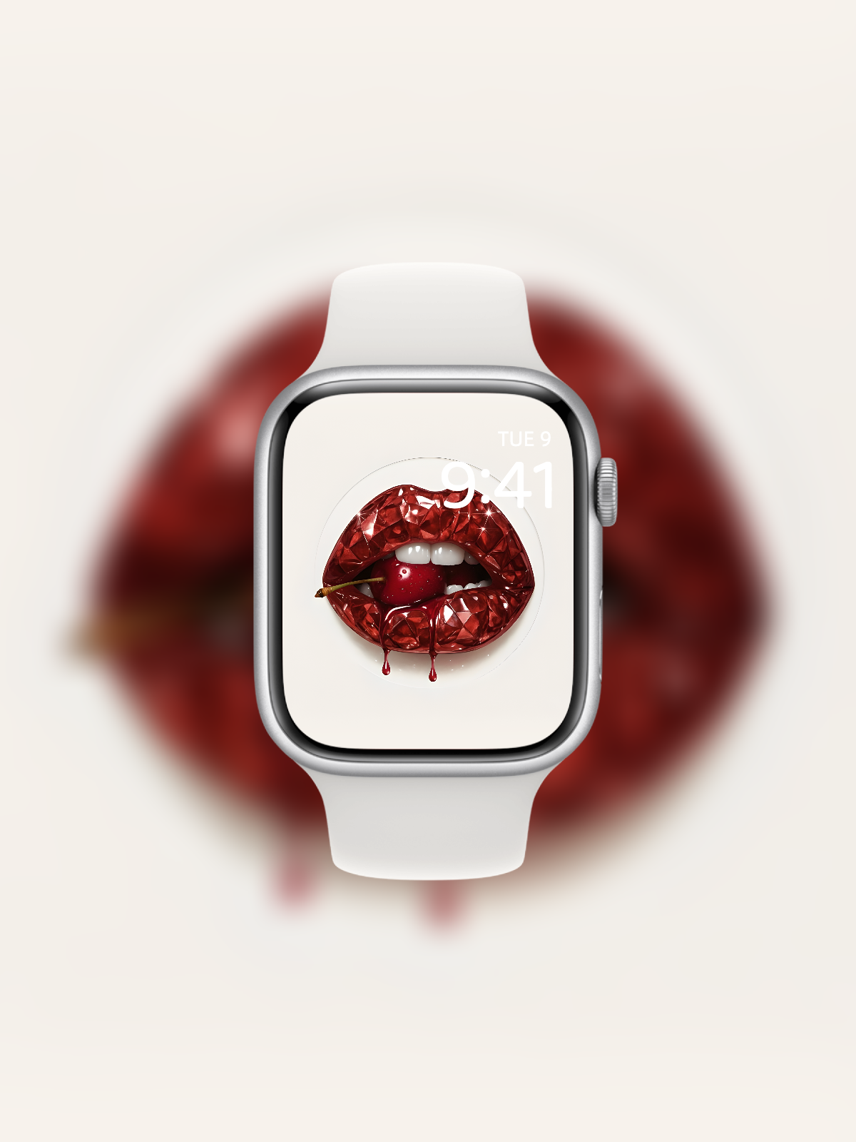 Apple Watch wallpaper with diamond-cut red gemstone lips and cherry