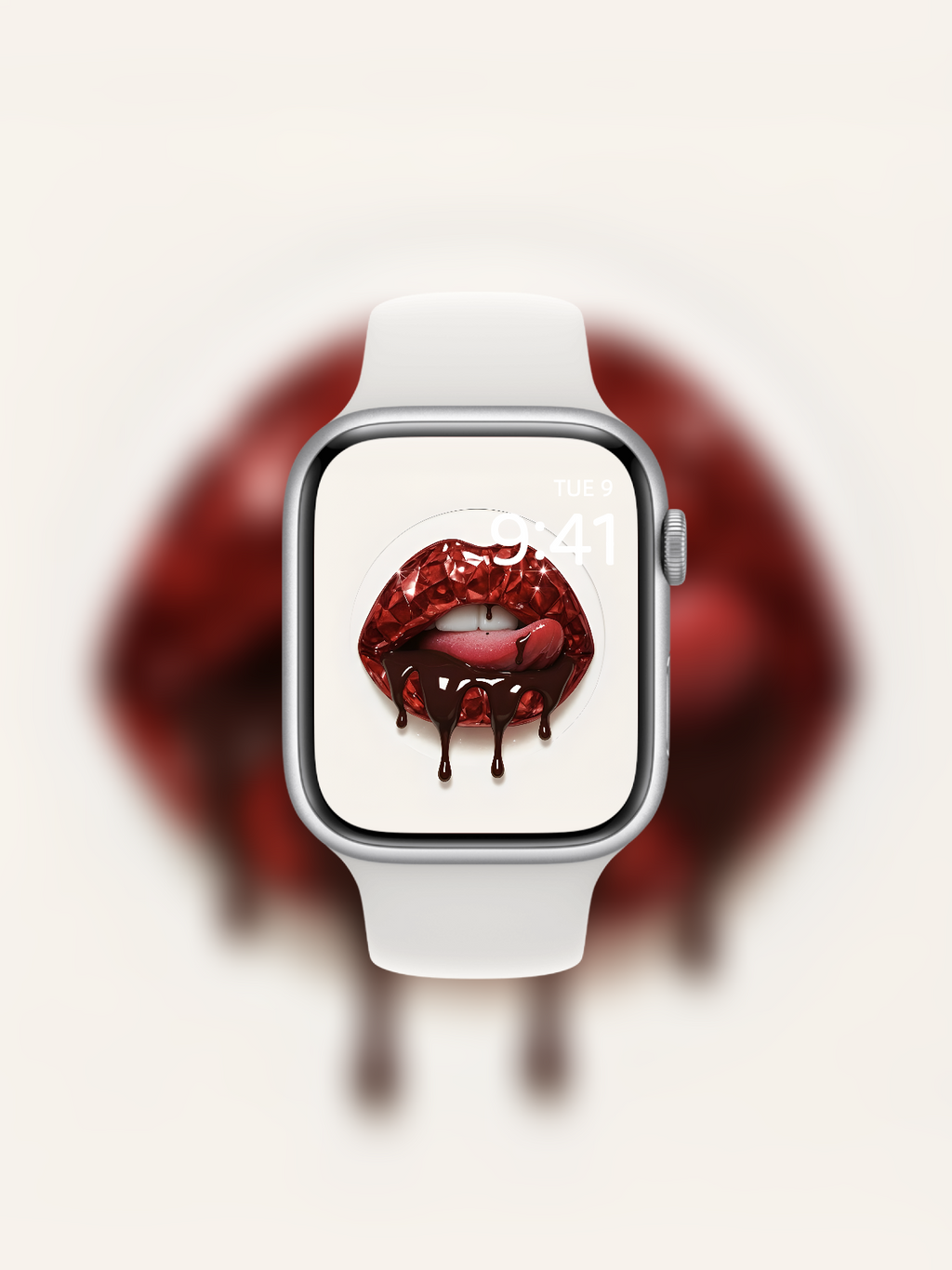 Apple Watch wallpaper with diamond-cut red gemstone lips and chocolate