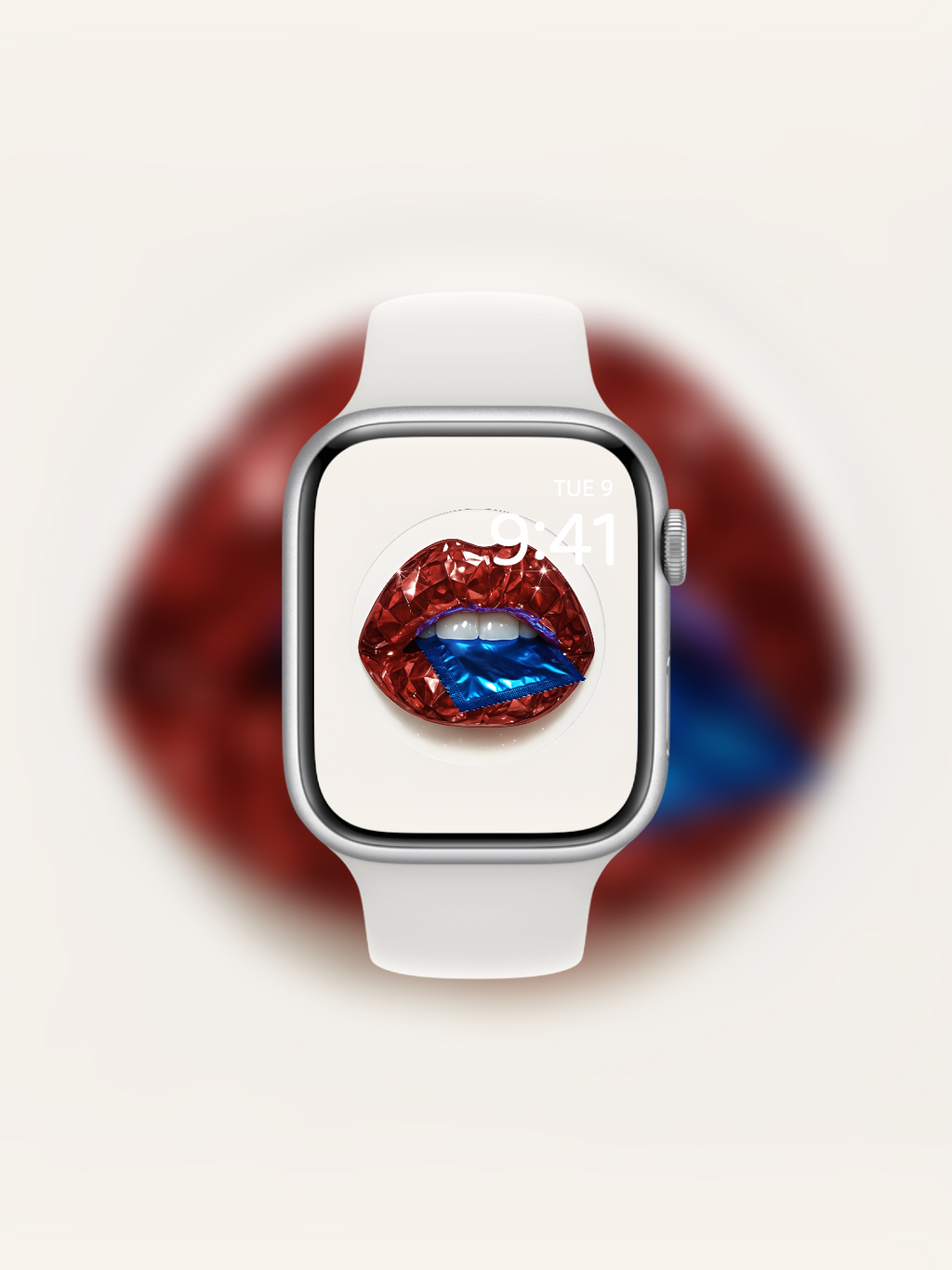 Apple Watch wallpaper with diamond-cut red gemstone lips and condom