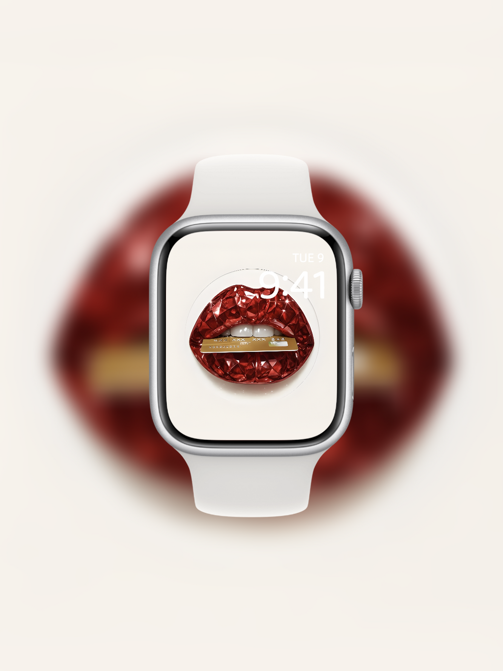 Apple Watch wallpaper with diamond-cut red gemstone lips and credit card