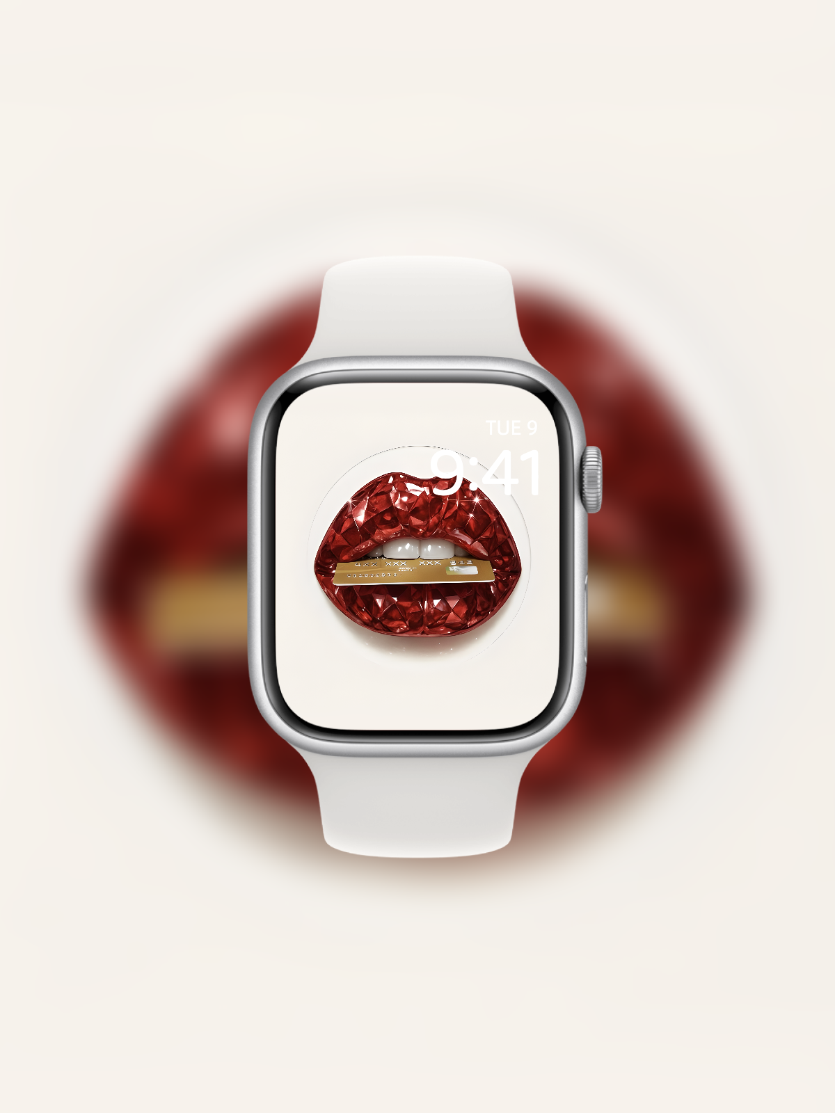 Apple Watch wallpaper with diamond-cut red gemstone lips and credit card