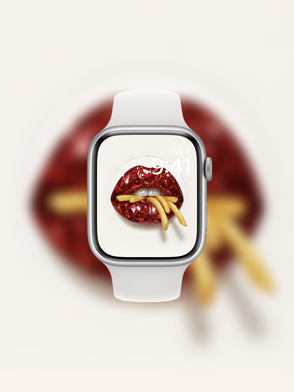 Apple Watch wallpaper with diamond-cut red gemstone lips and fries
