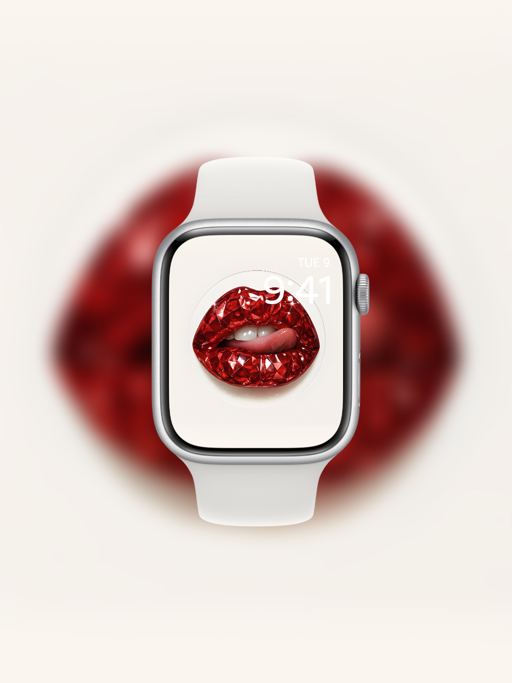 Apple Watch wallpaper with diamond-cut red gemstone lips and lick