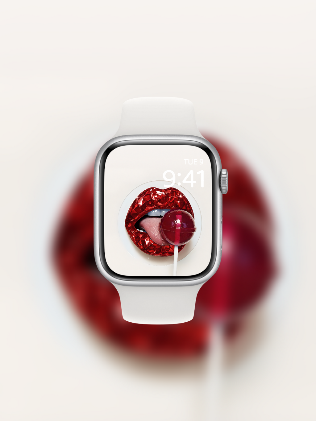 Apple Watch wallpaper with diamond-cut red gemstone lips and lollipop