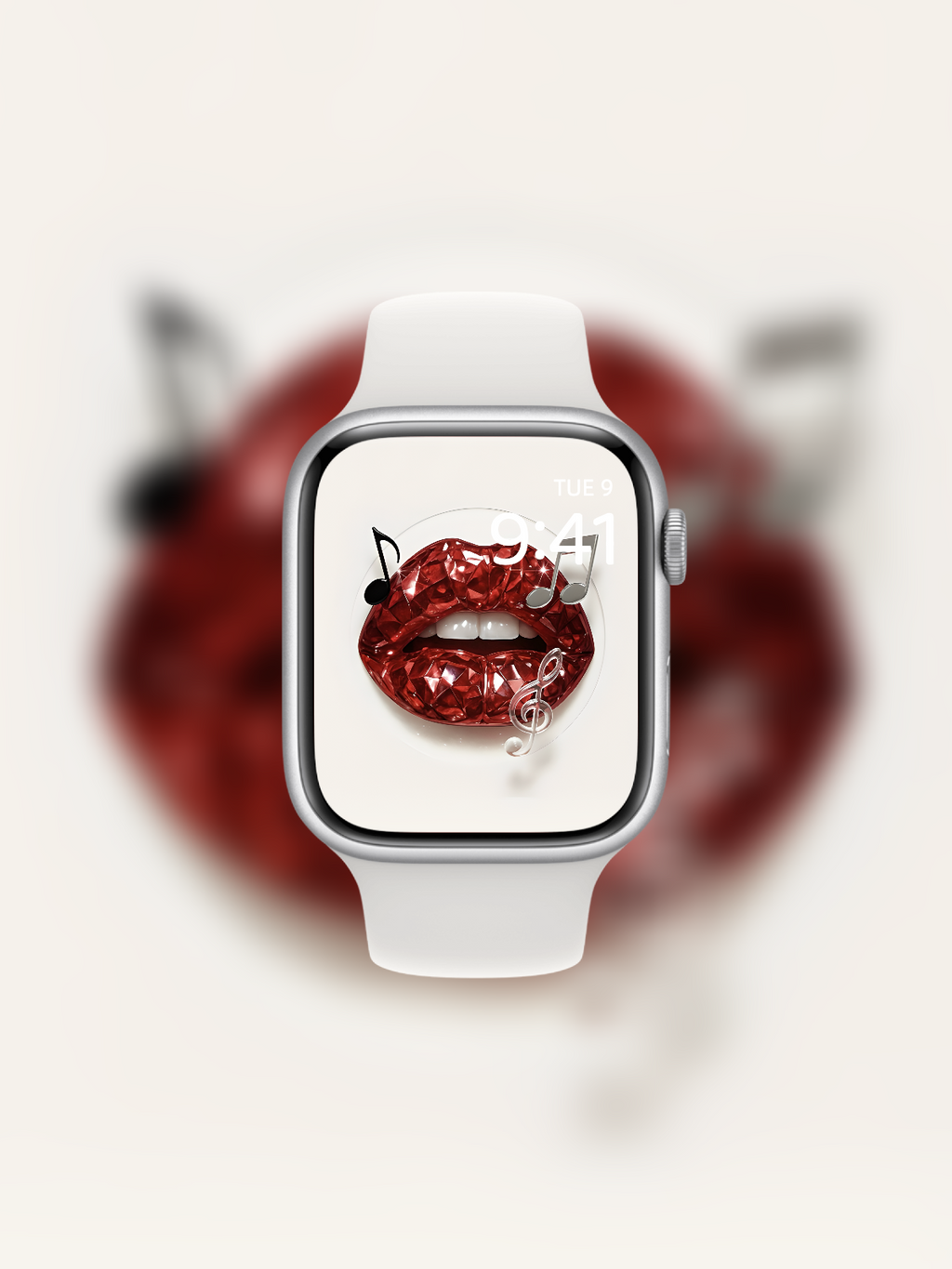 Apple Watch wallpaper with diamond-cut red gemstone lips and music