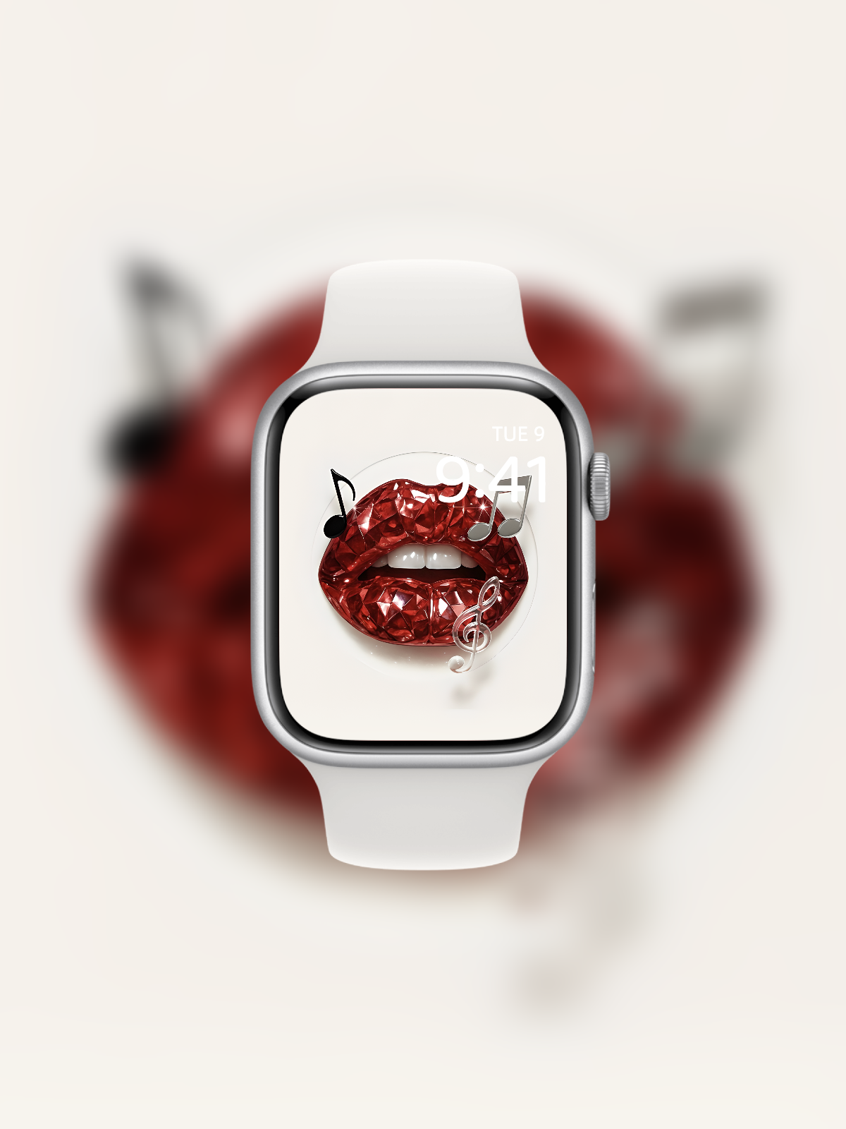 Apple Watch wallpaper with diamond-cut red gemstone lips and music