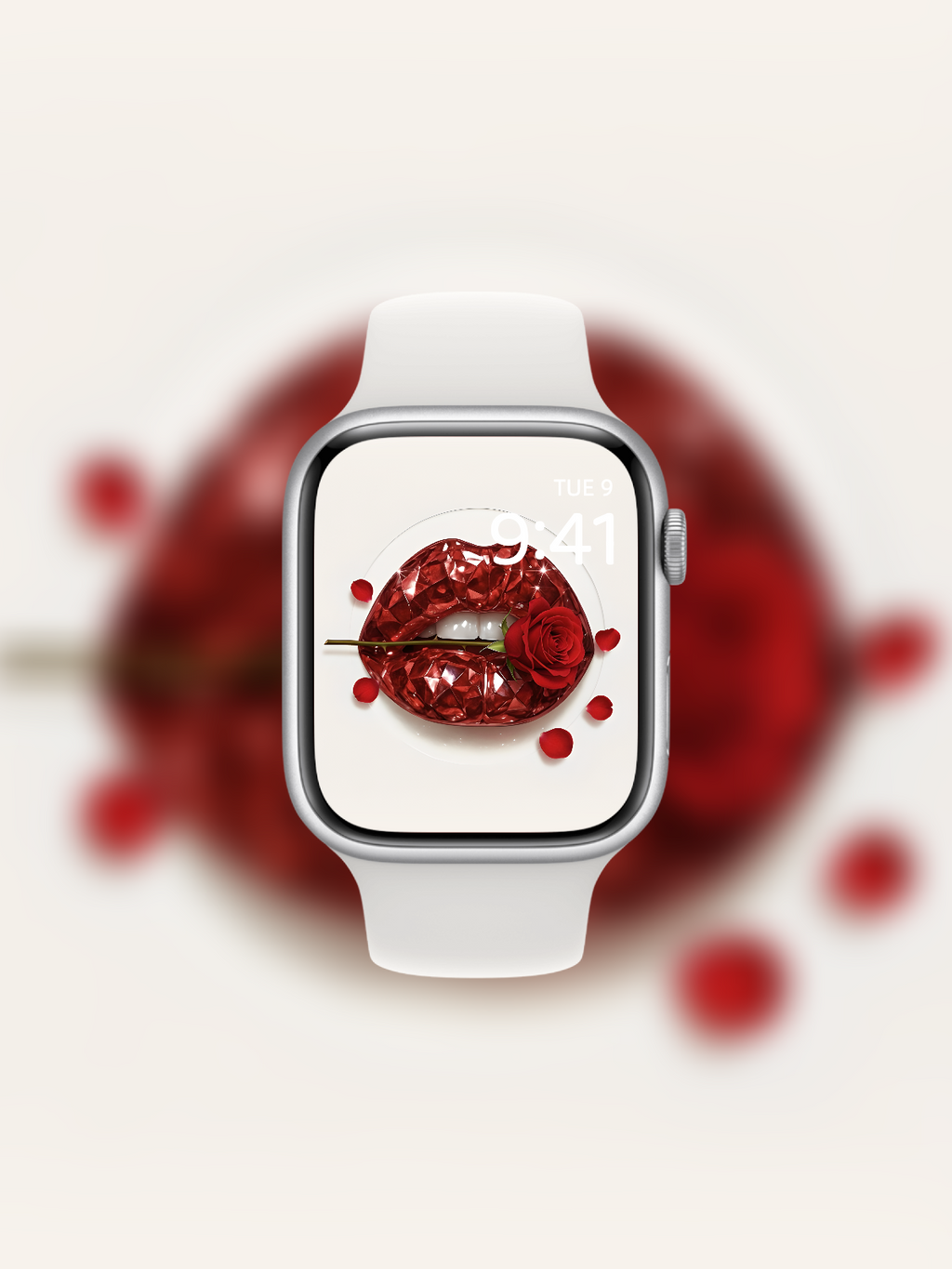 Apple Watch wallpaper with diamond-cut red gemstone lips and rose