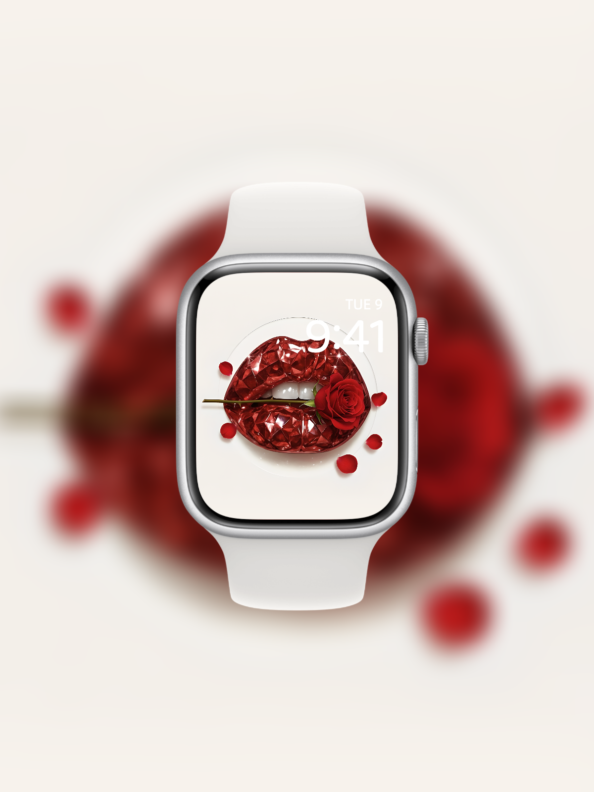 Apple Watch wallpaper with diamond-cut red gemstone lips and rose
