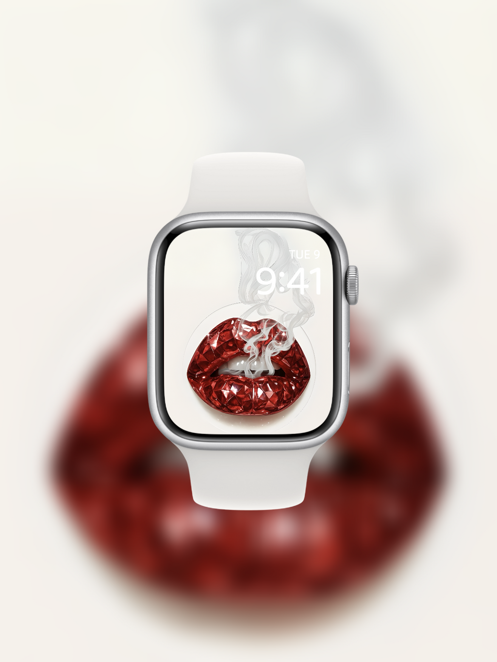Apple Watch wallpaper with diamond-cut red gemstone lips and smoke