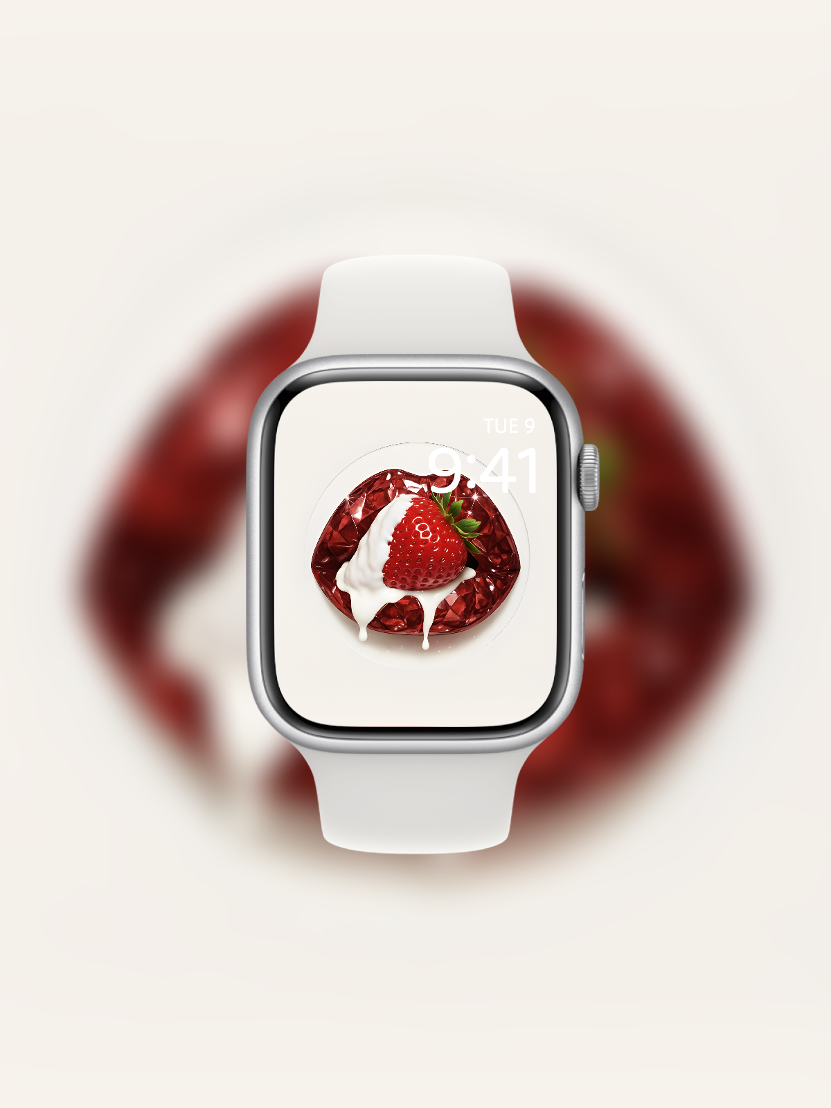 Apple Watch wallpaper with diamond-cut red gemstone lips and strawberry