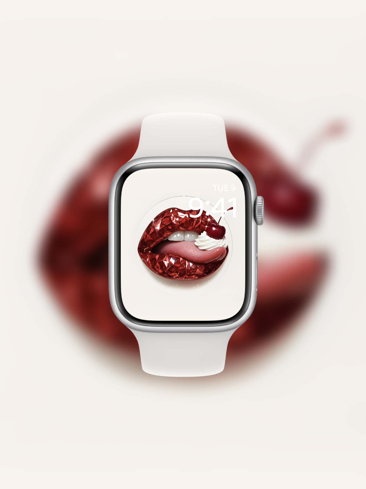 Apple Watch wallpaper with diamond-cut red gemstone lips and whipped cream