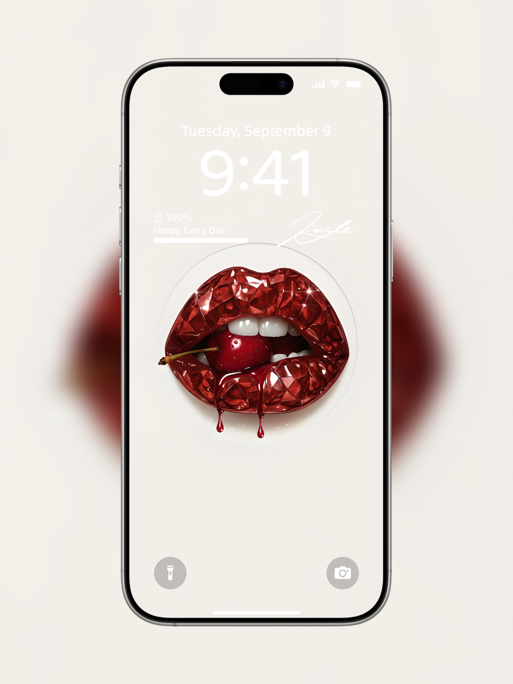 iPhone wallpaper with diamond-cut red gemstone lips and cherry detail