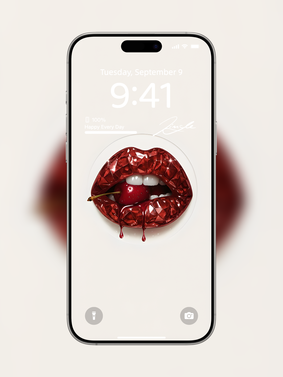 iPhone wallpaper with diamond-cut red gemstone lips and cherry detail