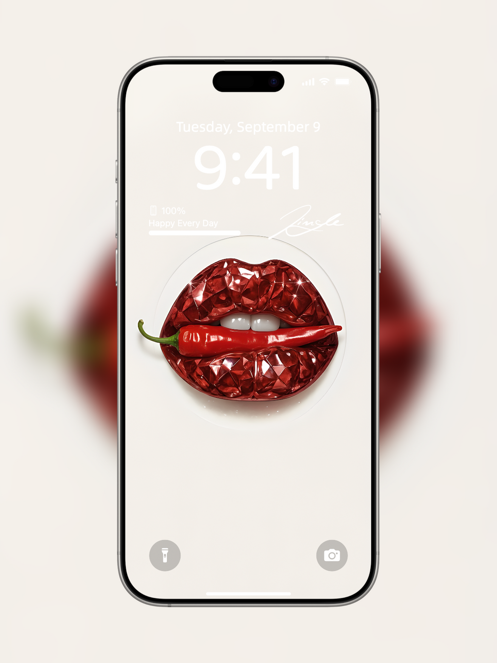 iPhone wallpaper with diamond-cut red gemstone lips and chilly pepper