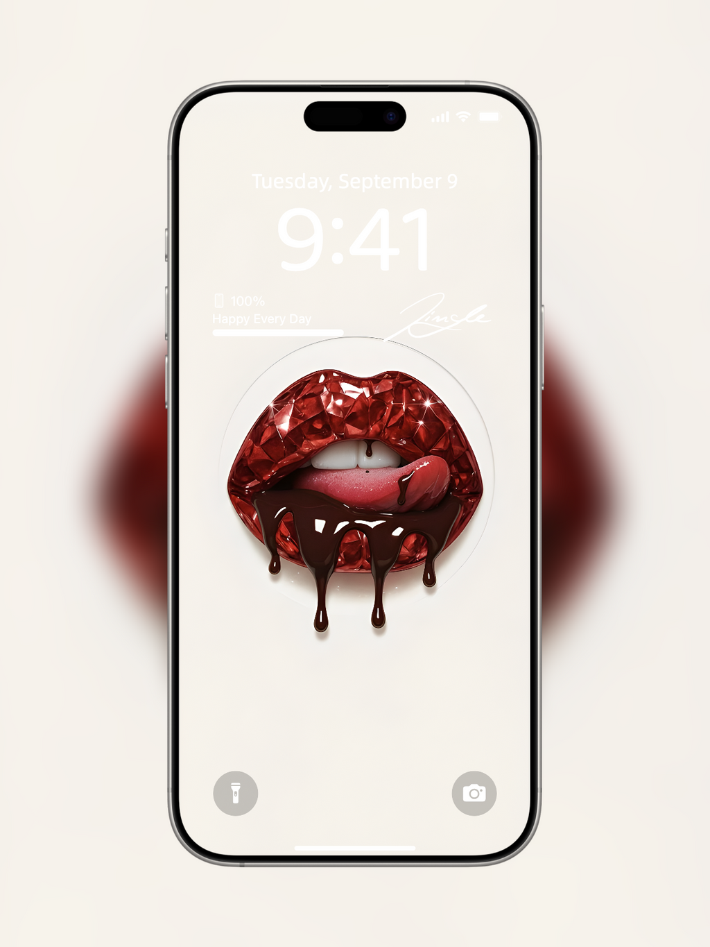 iPhone wallpaper with diamond-cut red gemstone lips and melted chocolate