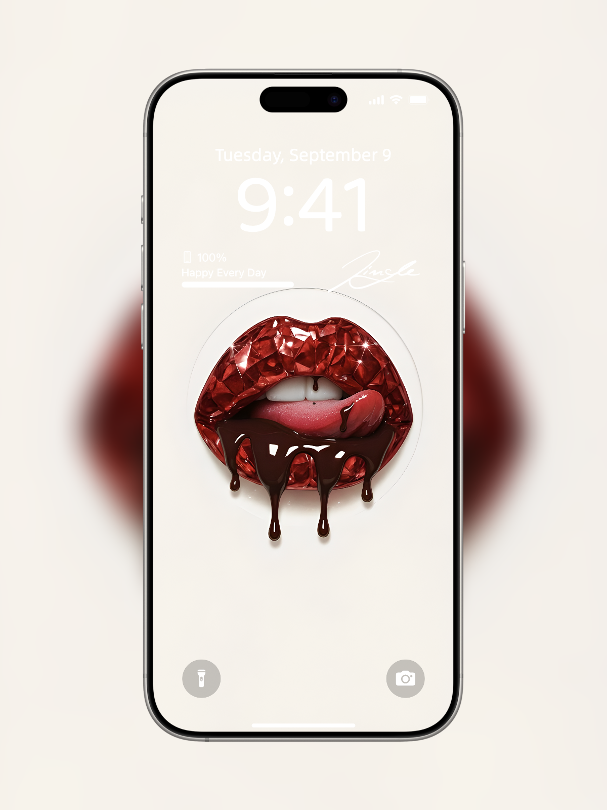 iPhone wallpaper with diamond-cut red gemstone lips and melted chocolate