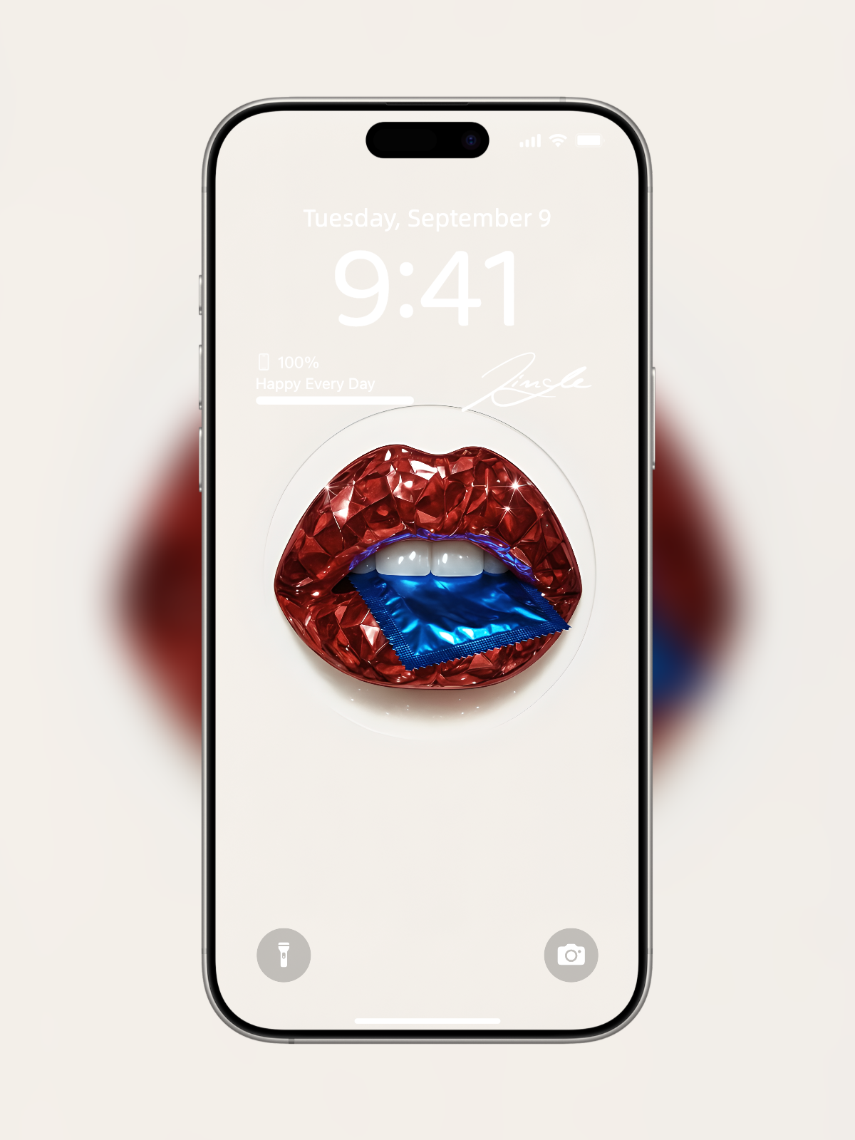 iPhone wallpaper with diamond-cut red gemstone lips and condom