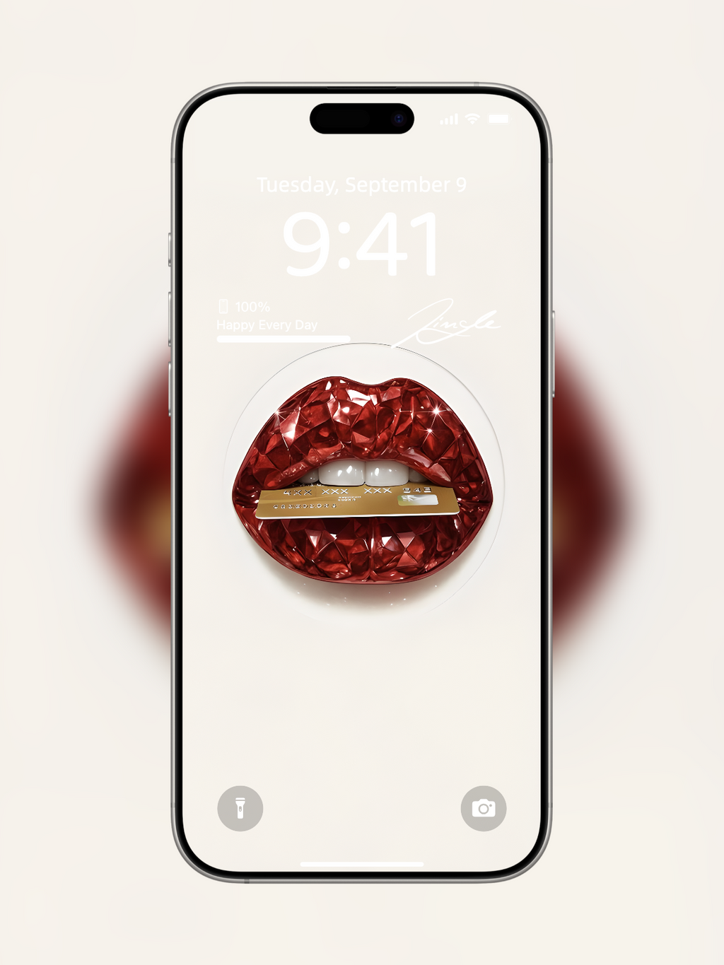 iPhone wallpaper with diamond-cut red gemstone lips and credit card