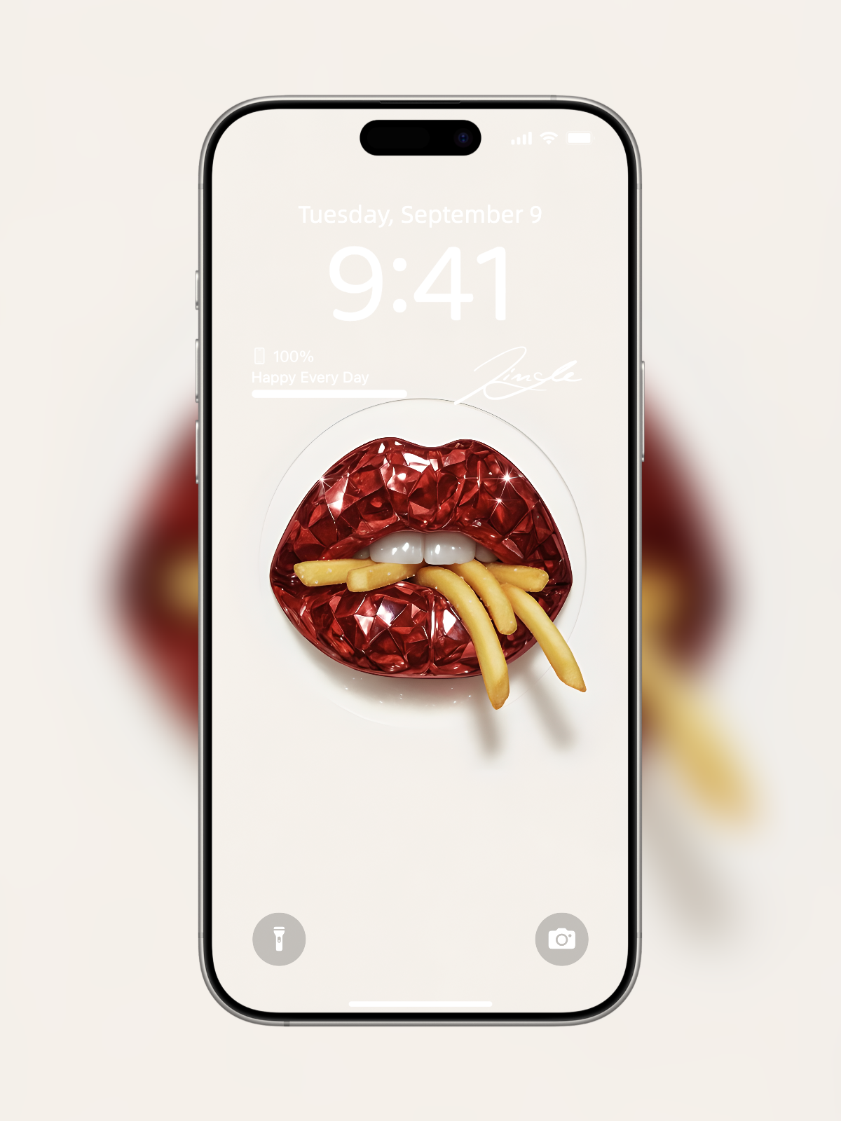 iPhone wallpaper with diamond-cut red gemstone lips and fries