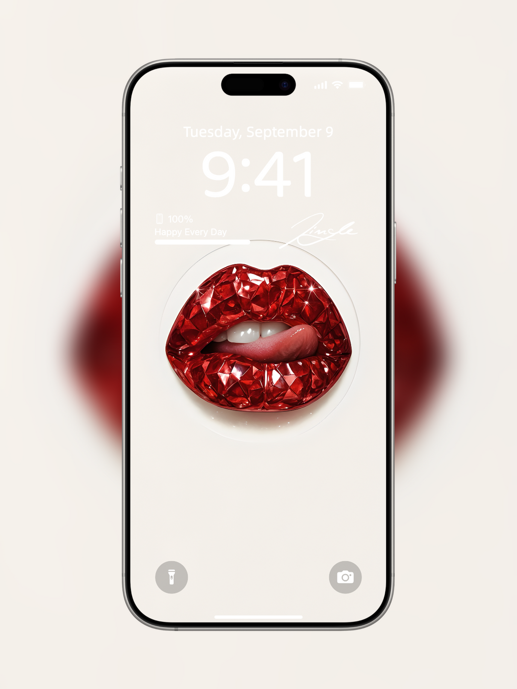 iPhone wallpaper with diamond-cut red gemstone lips and lick