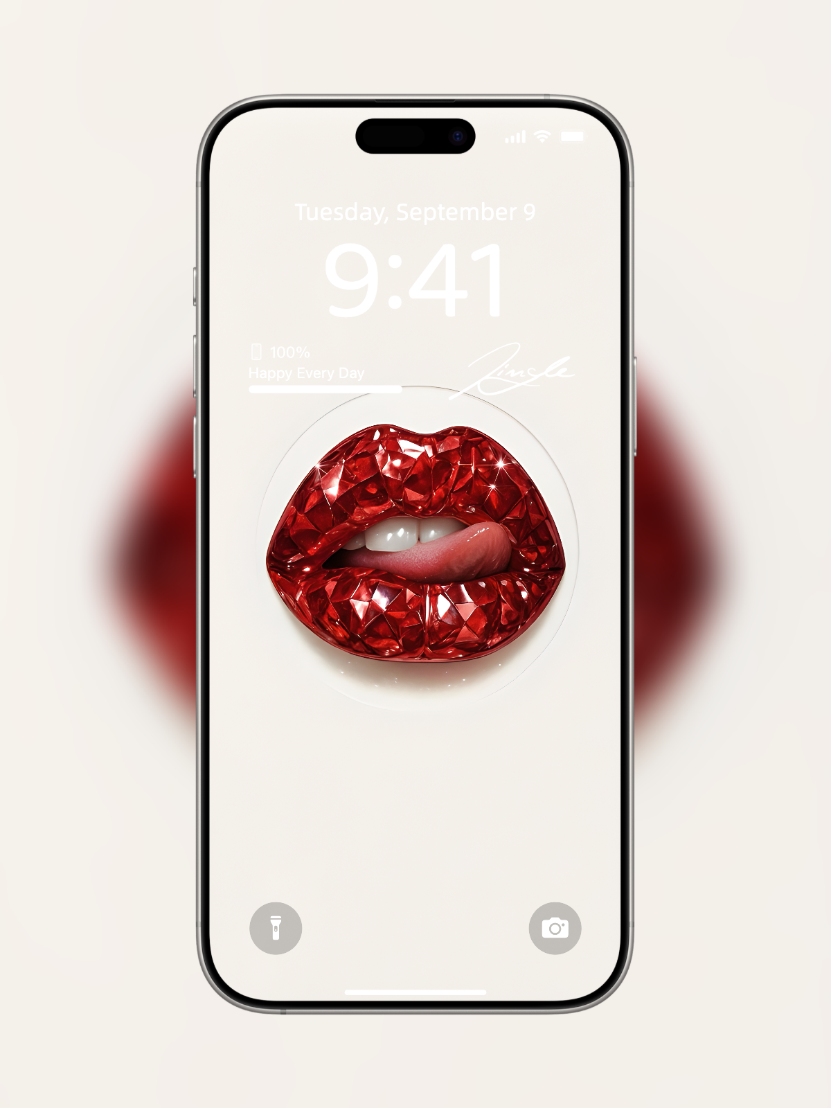 iPhone wallpaper with diamond-cut red gemstone lips and lick