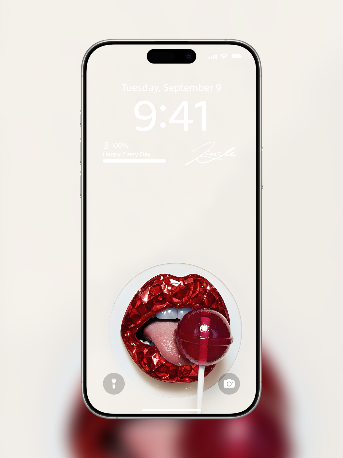 iPhone wallpaper with diamond-cut red gemstone lips and lollipop