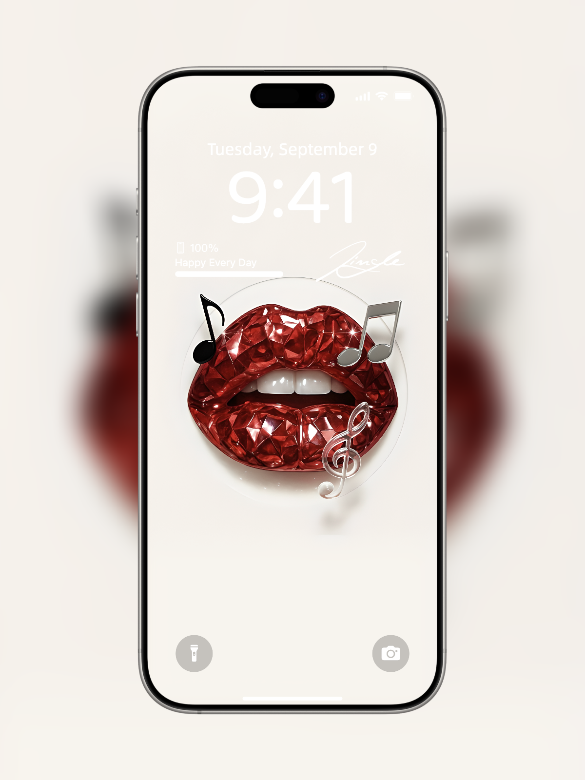 iPhone wallpaper with diamond-cut red gemstone lips and music notes detail