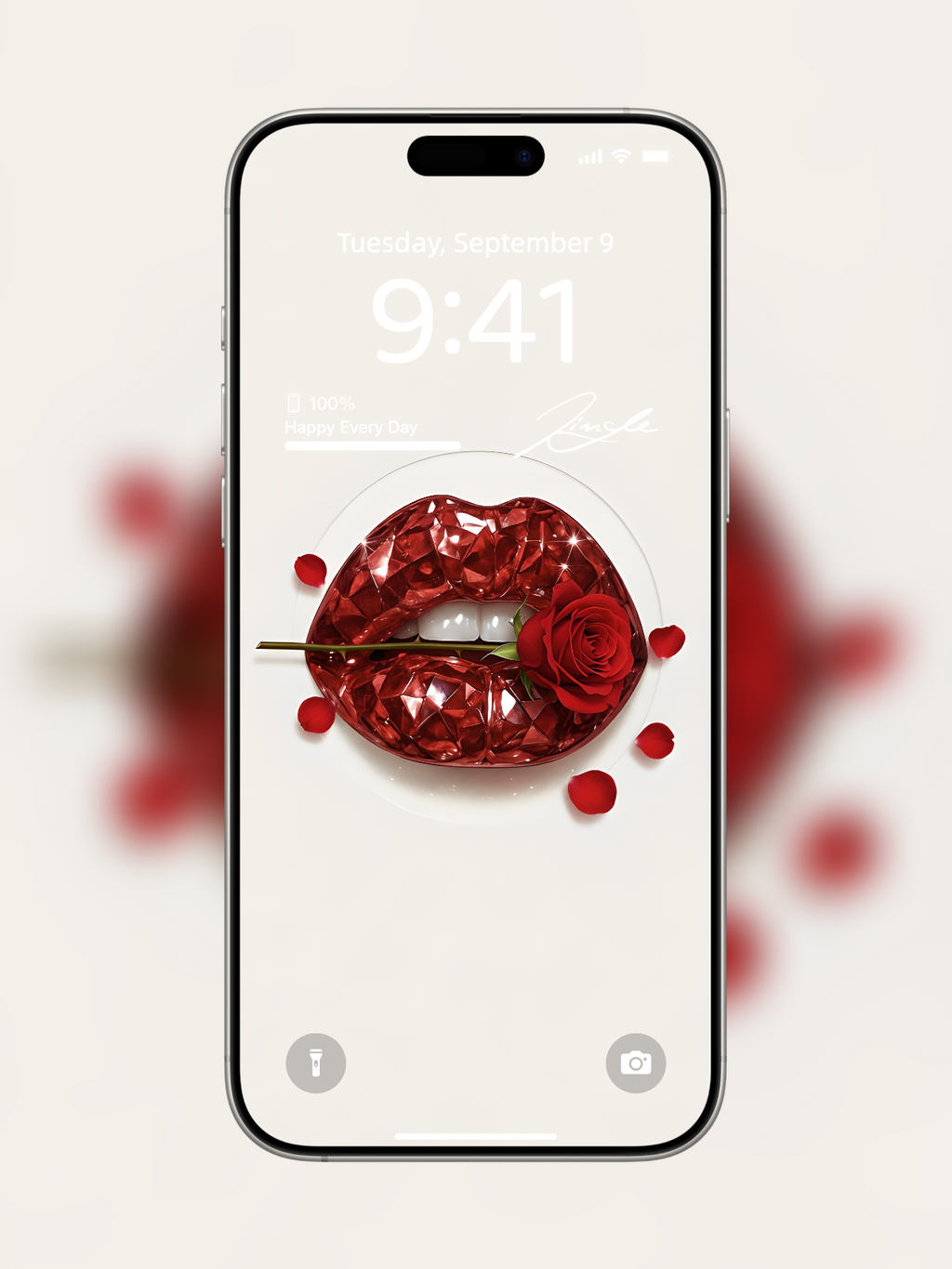 iPhone wallpaper with diamond-cut red gemstone lips and rose