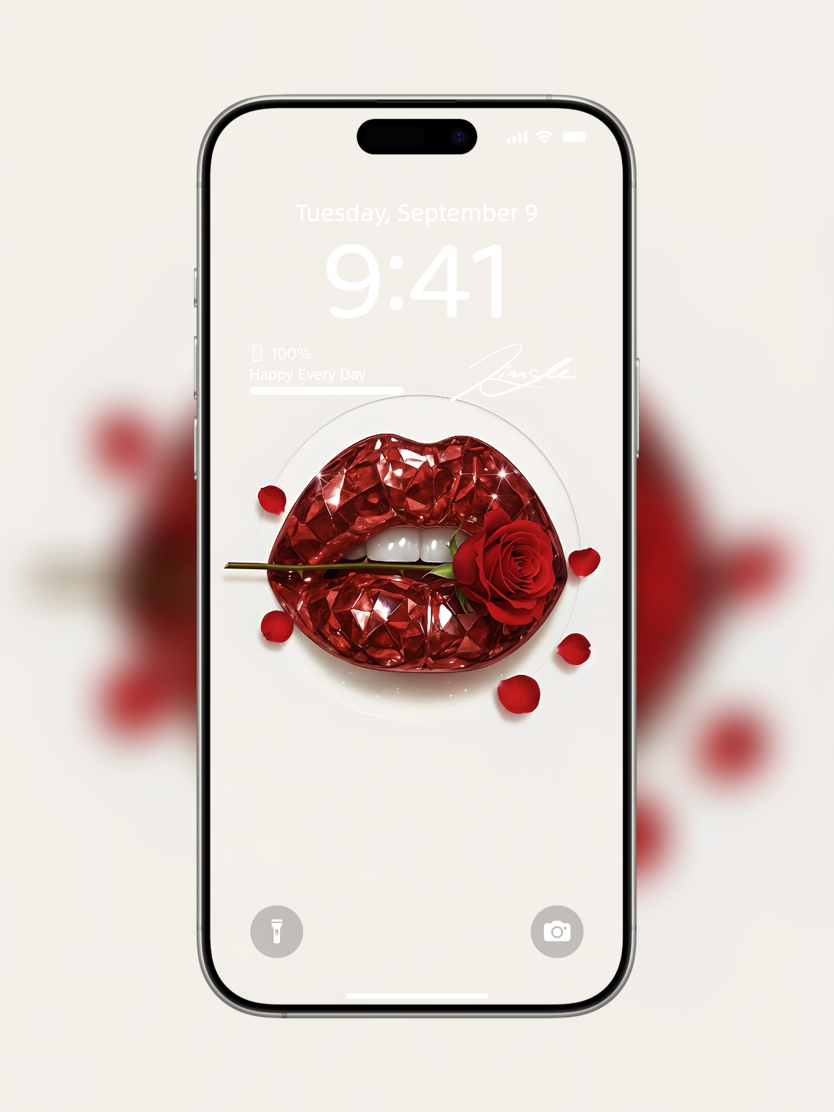 iPhone wallpaper with diamond-cut red gemstone lips and rose