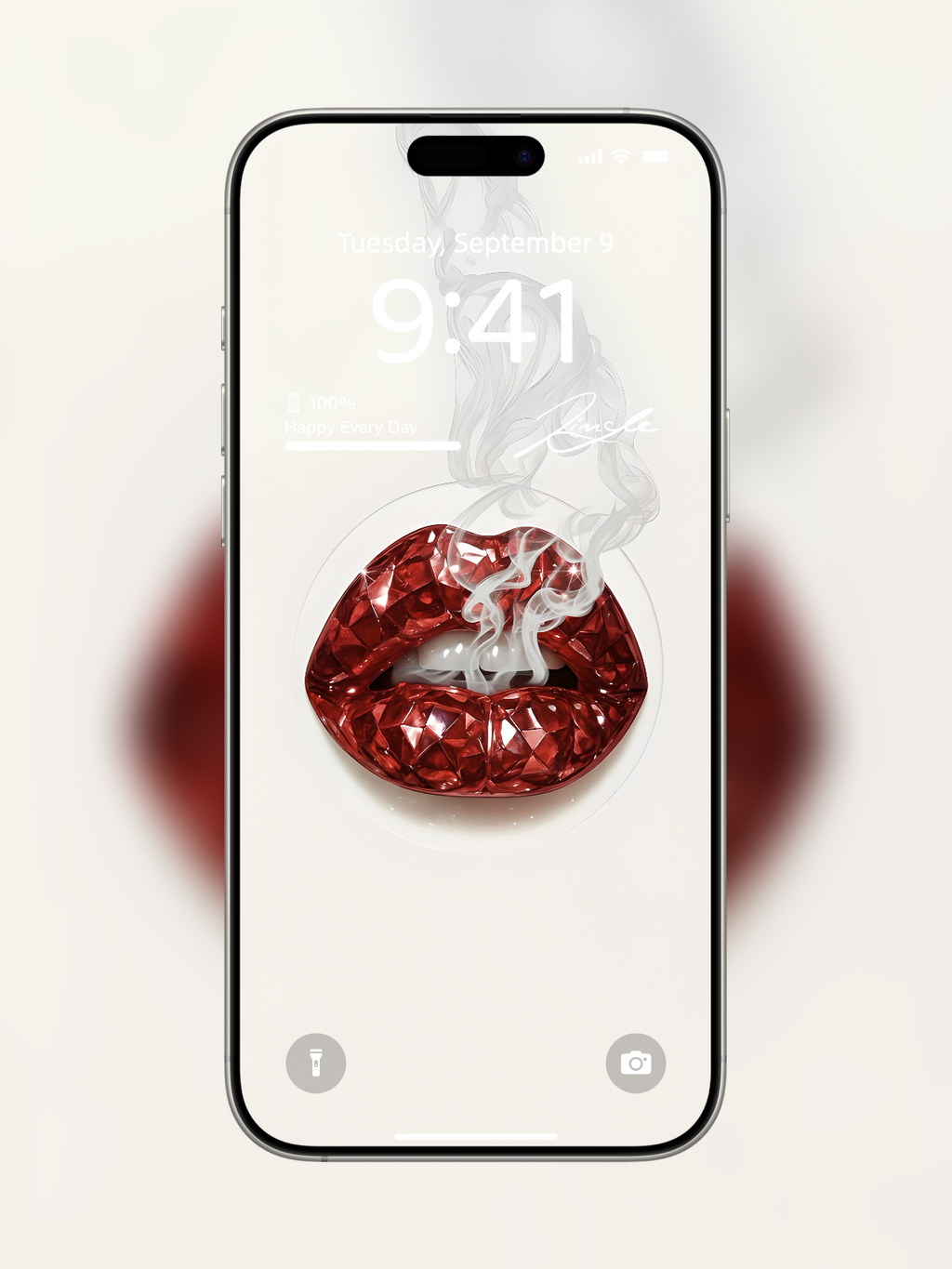 iPhone wallpaper with diamond-cut red gemstone lips and smoke