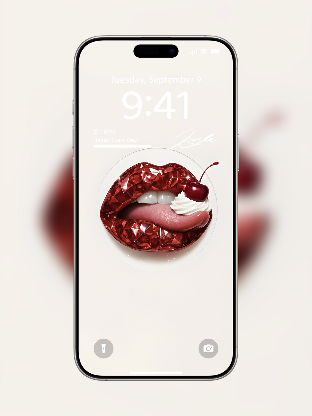 iPhone wallpaper with diamond-cut red gemstone lips and whipped cream