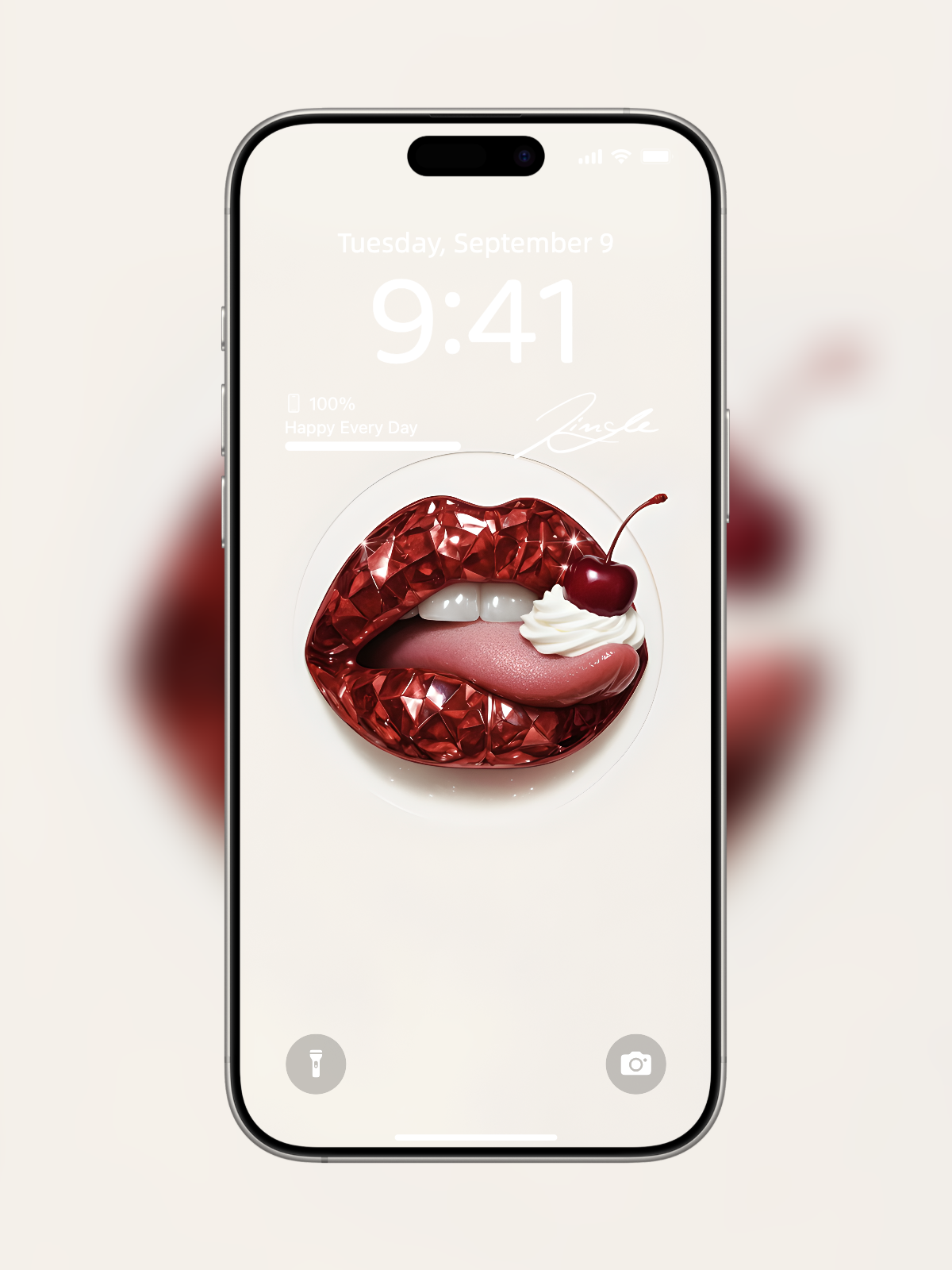 iPhone wallpaper with diamond-cut red gemstone lips and whipped cream