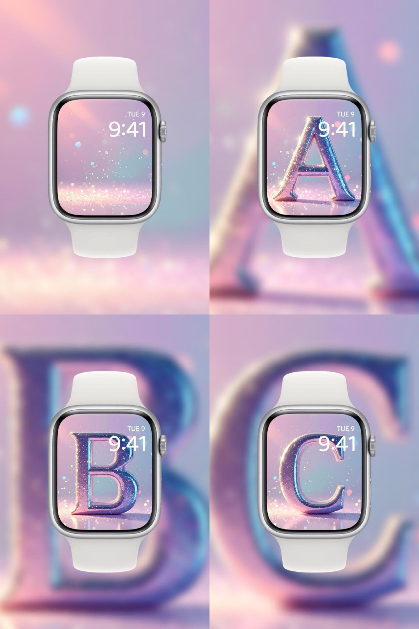 Smartwatches with colorful display backgrounds and 'Dream Dusted' branding. Apple watch face glitter