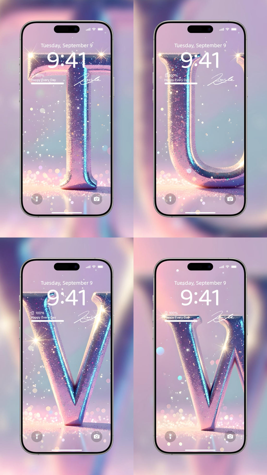 Four smartphone screens displaying a gradient of pink to purple with decorative letters and 'Dream Dusted' text. Glitter iphone wallpaper