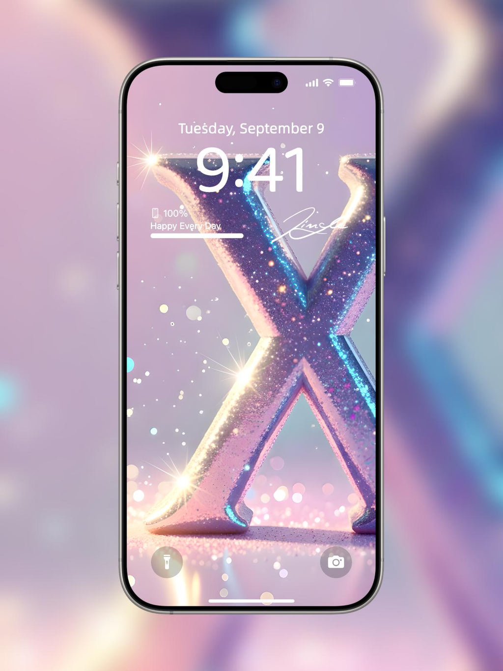 Four smartphone screens displaying a gradient of pink to purple with decorative letters and 'Dream Dusted' text. Glitter iphone wallpaper