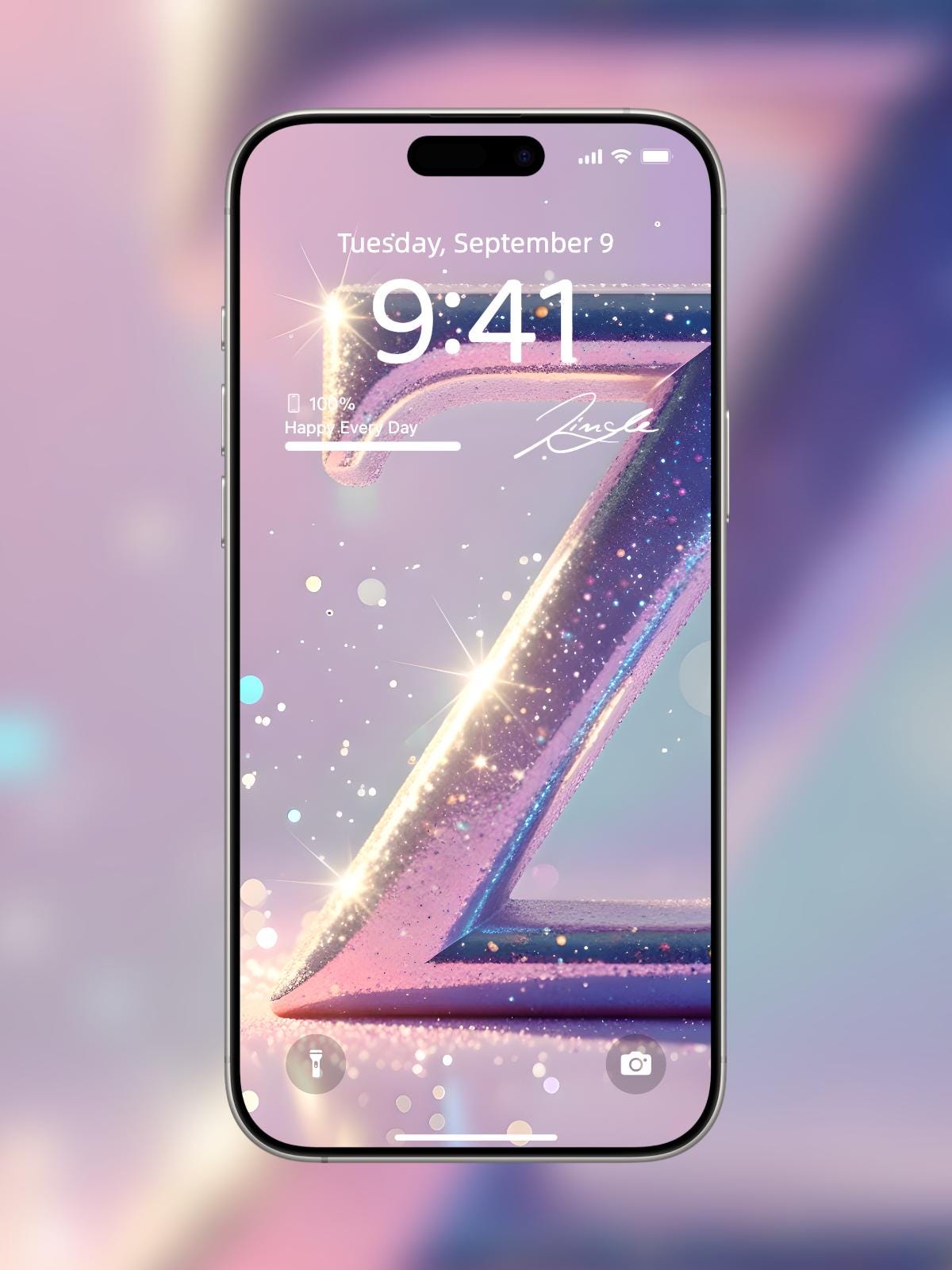 Four smartphone screens displaying a gradient of pink to purple with decorative letters and 'Dream Dusted' text. Glitter iphone wallpaper