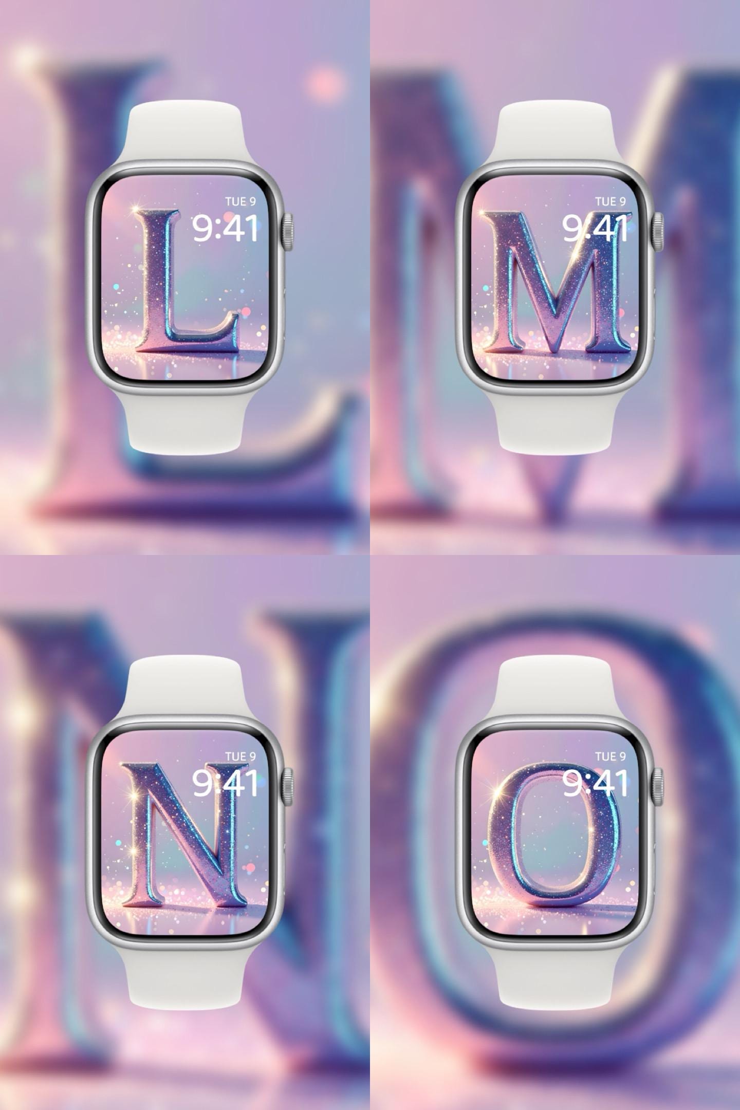 Smartwatches with colorful display backgrounds and 'Dream Dusted' branding. Apple watch face glitter