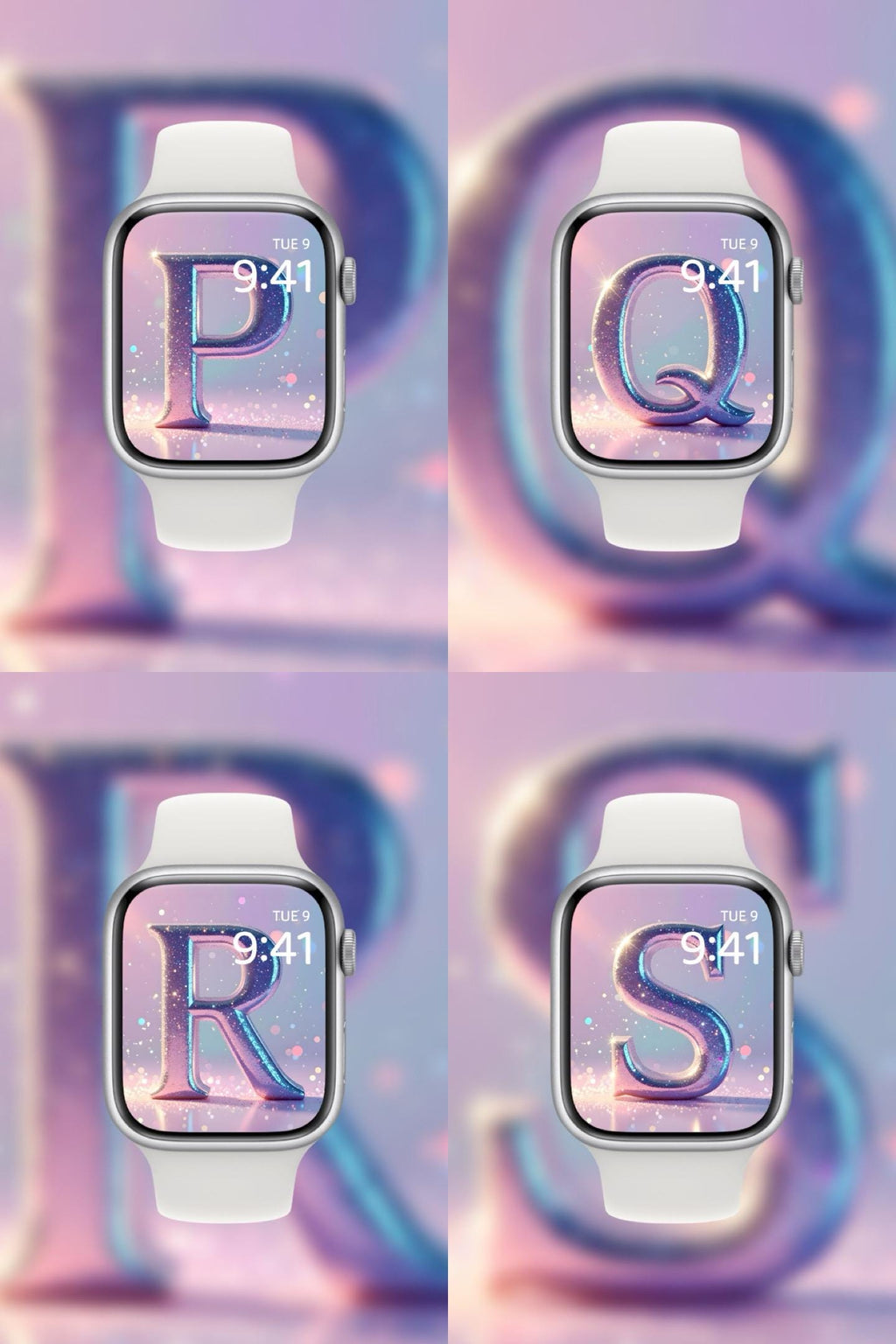 Smartwatches with colorful display backgrounds and 'Dream Dusted' branding. Apple watch face glitter