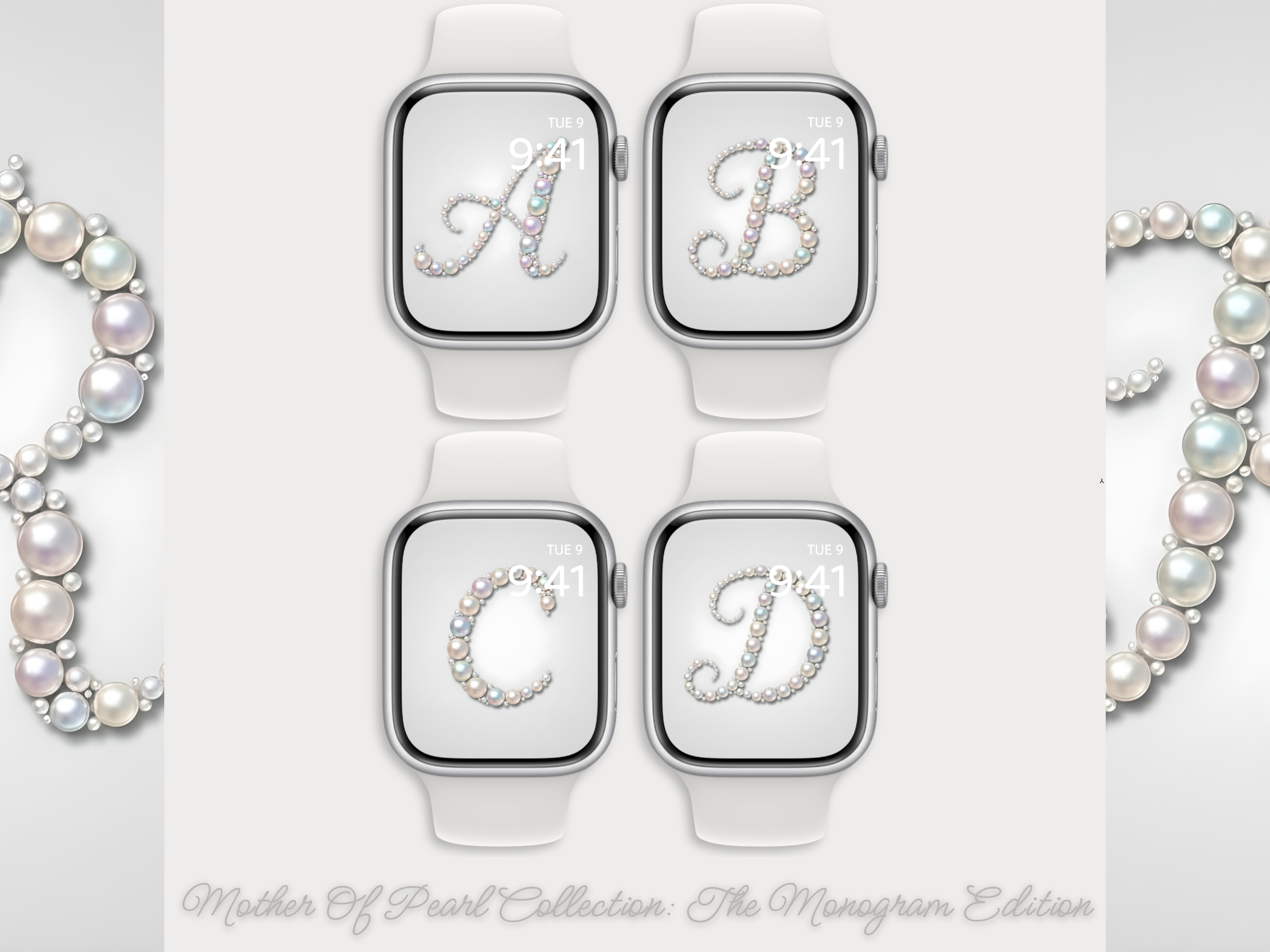 Four smartwatches with lettered face covers on a light gray background, surrounded by pearls.