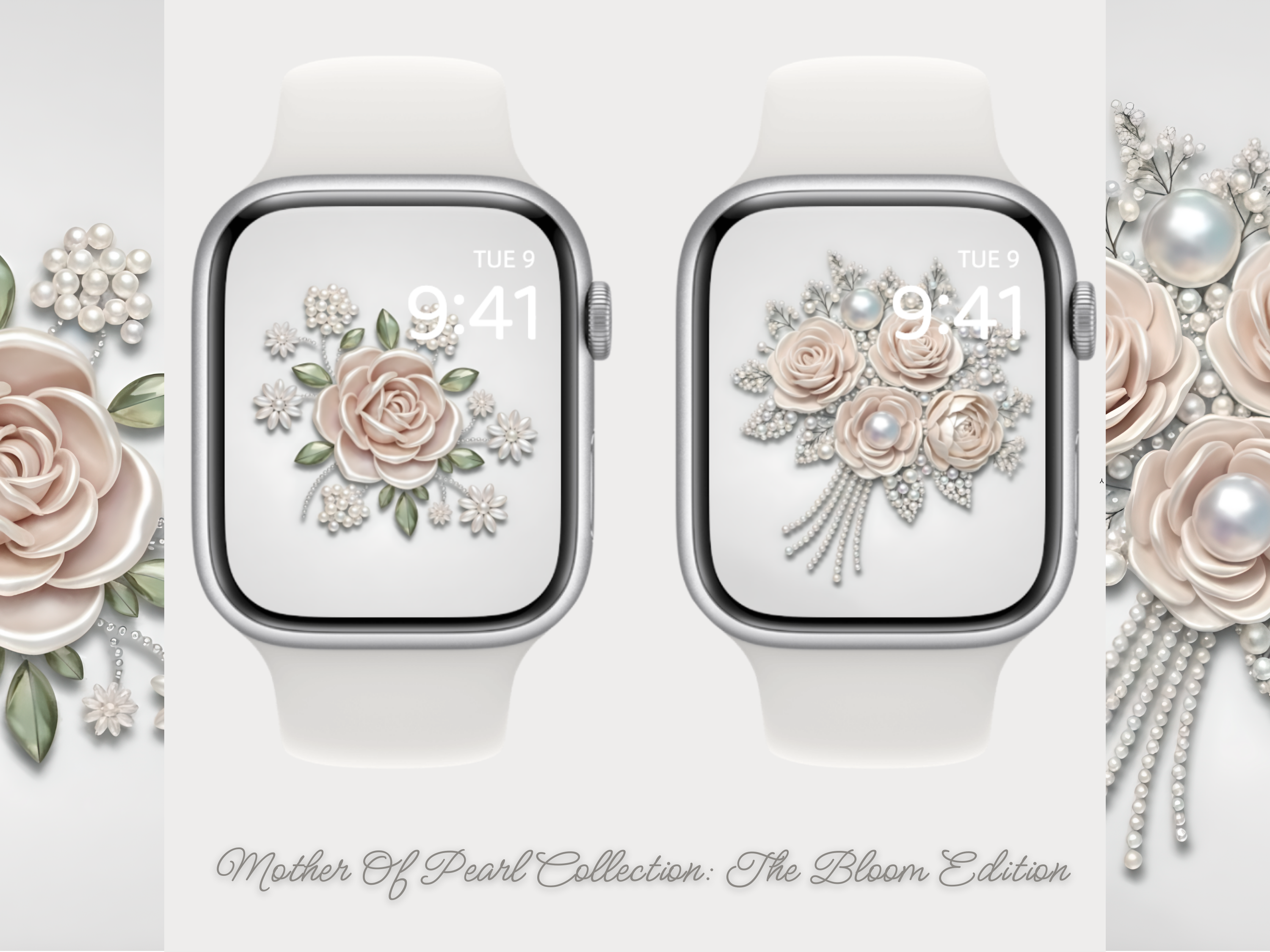 Two Apple Watches displaying floral designs on a decorative background with pearls and flowers.