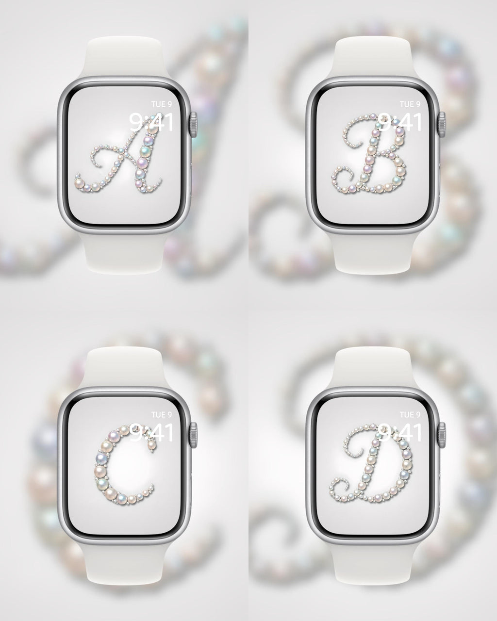 Four smartwatches with lettered face covers on a light gray background, surrounded by pearls.