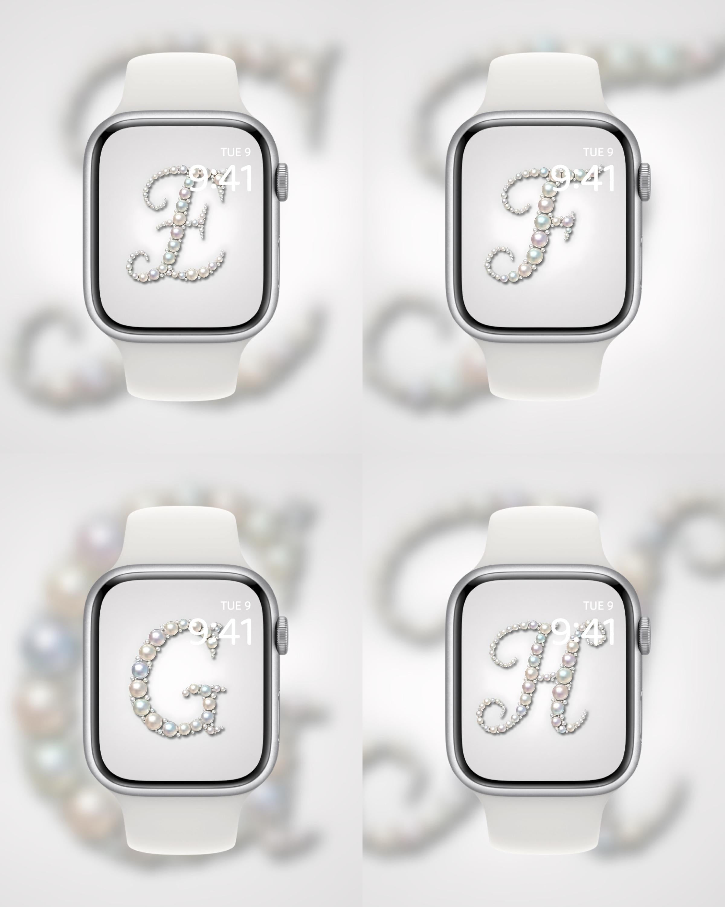 Four smartwatches with lettered face covers on a light gray background, surrounded by pearls.