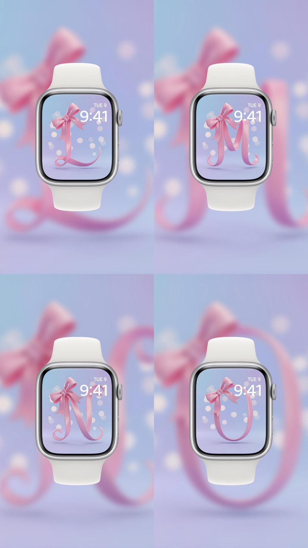 Smartwatch with decorative letters 'L', 'M', 'N', and 'U' on a pink ribbon background