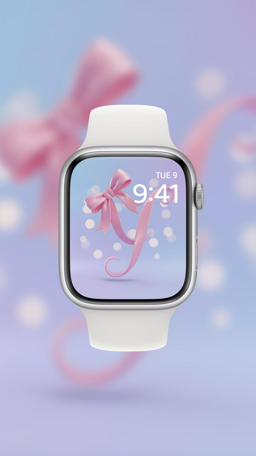 apple watch face with pink y and bow