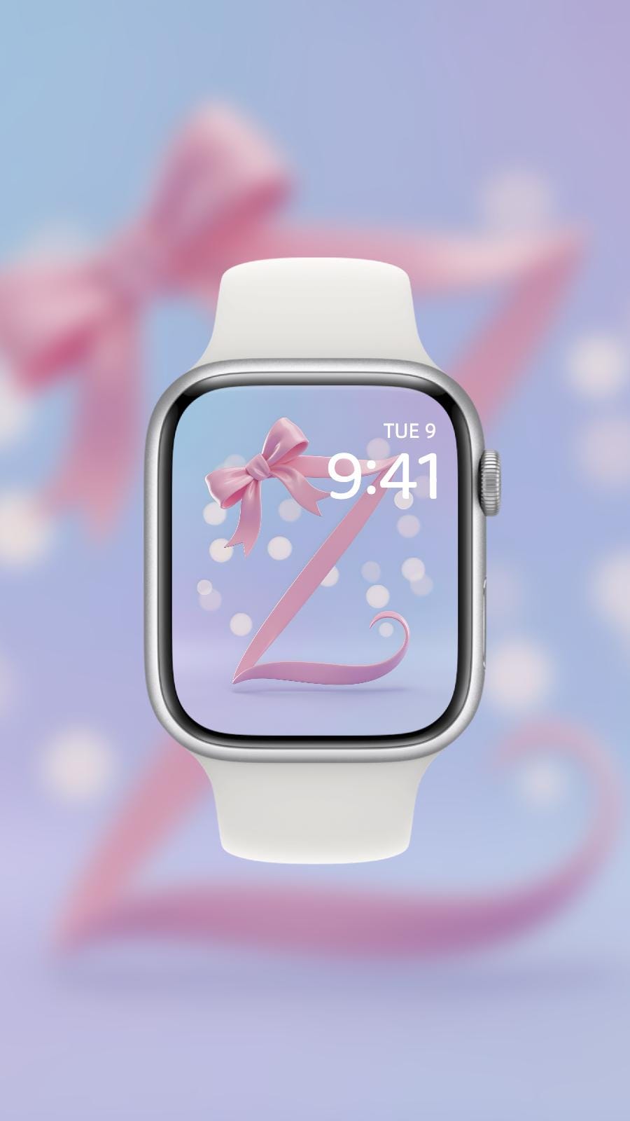 Smartwatch with a pink bow and number '2' design on the screen against a blurred background